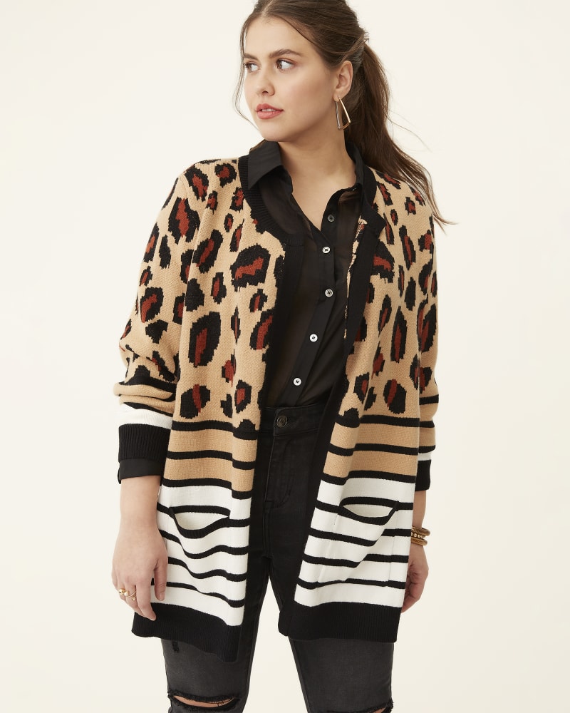 Front of plus size Norah Animal-Print Striped Cardigan by Molly&Isadora | Dia&Co | dia_product_style_image_id:182316